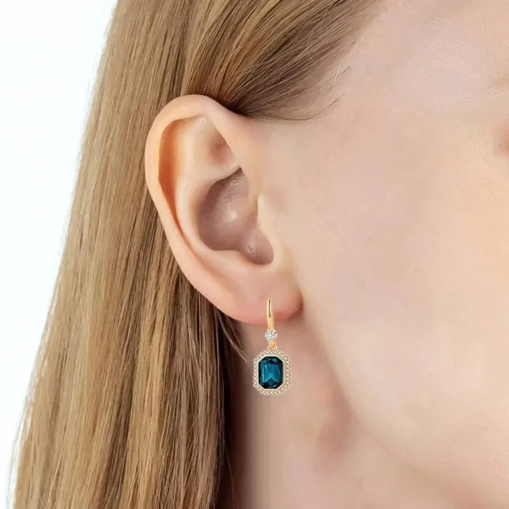 14K Yellow Gold with London Blue Topaz Austrian Crystal Octagon Halo Earrings